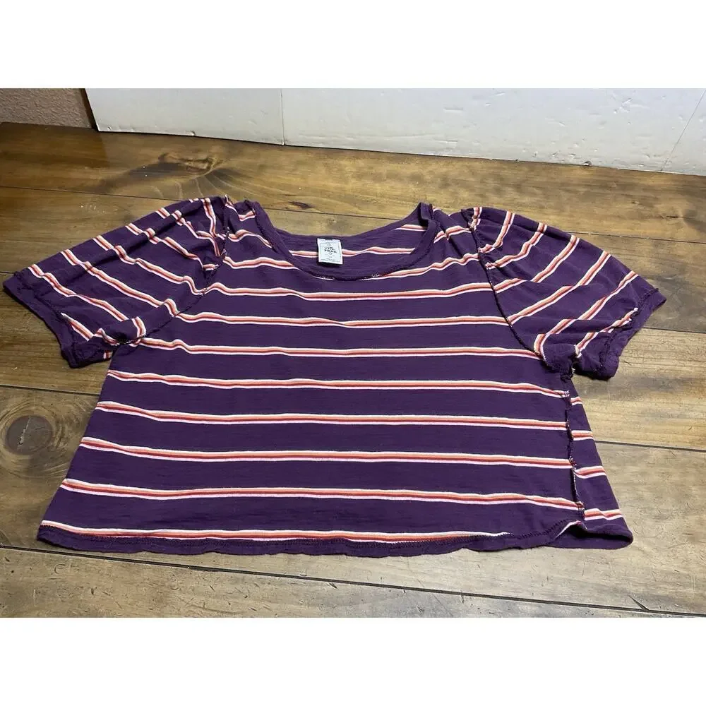 We The Free Molly Stripe Puff Sleeve Crop Top Size Large